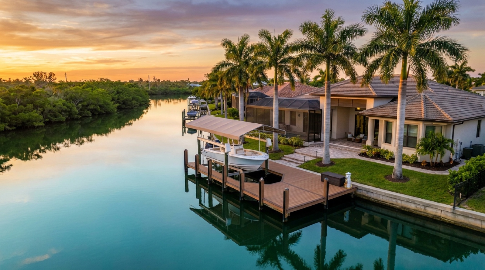 A Southwest Florida waterfront home at sunset with a composite dock, covered boat lift, and seawall along the canal