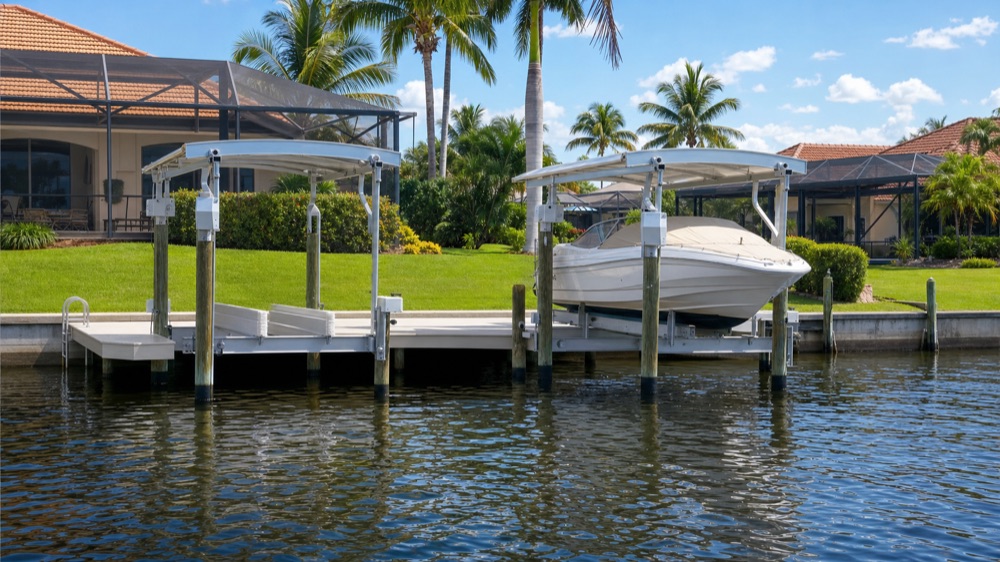 Two white-canopy boat lifts seen from the water, one holding a bowrider, alongside a dock walkway with a concrete seawall and lawn behind