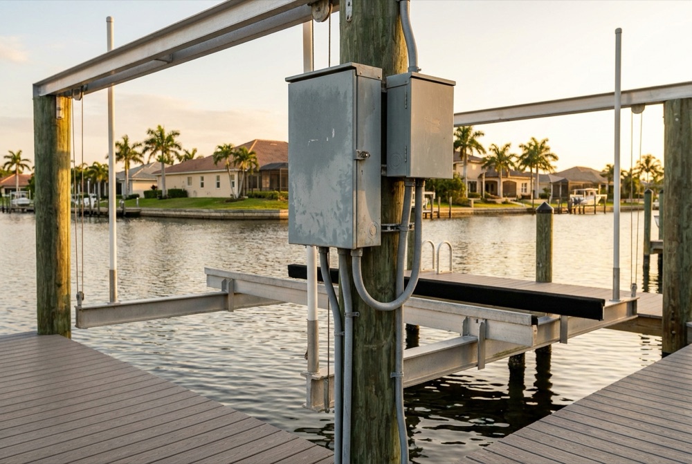 Aluminum boat lift beams and cables beside a composite dock, with two weathered gray electrical control boxes and conduit mounted on a timber piling at golden hour