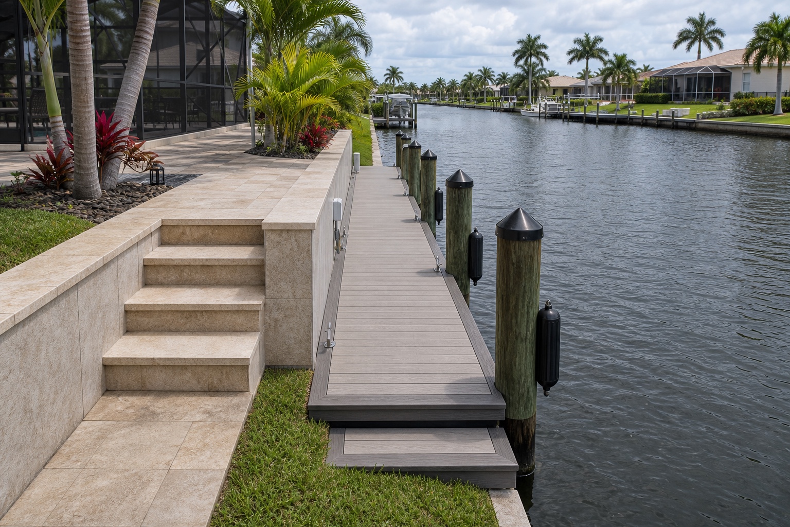 Composite captain's walk running along a Cape Coral seawall with black cylindrical piling fenders