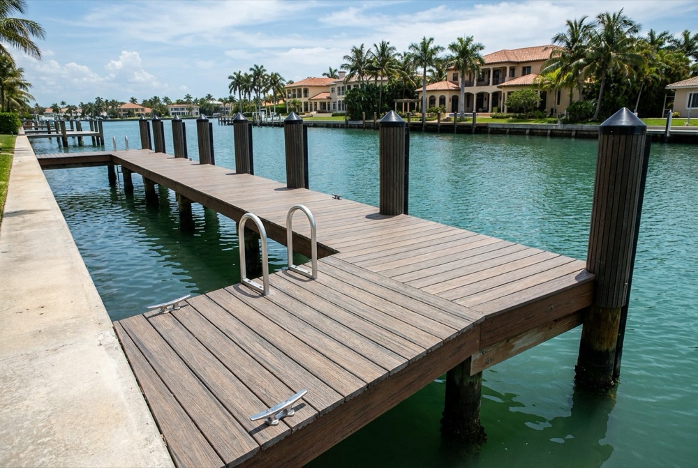 L-shaped composite dock walkway running along a concrete seawall to a wide platform, black-capped pilings, stainless cleats and grab rails above clear green canal water