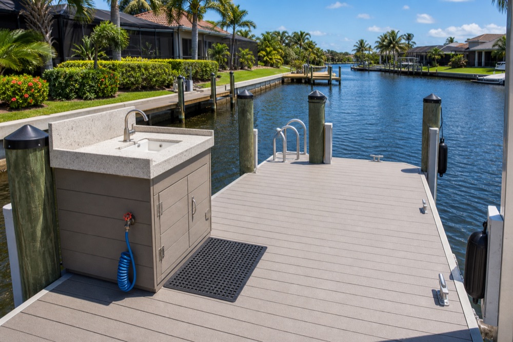 A composite dock with a fish-cleaning station and sink cabinet, boarding ladder, cleats and fendered pilings on a Southwest Florida canal