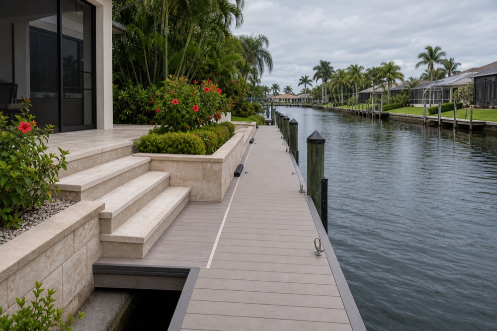 A grey composite dock walkway running alongside a concrete seawall past travertine steps and landscaping on an overcast day, homes lining the canal opposite