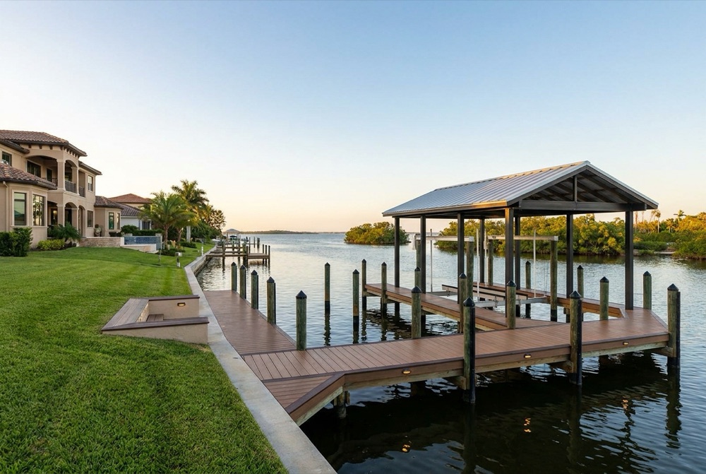 Wide composite dock wrapping from a lawn to a metal-roofed covered boat lift, with black-capped pilings, glowing deck lights and open bay water at dusk
