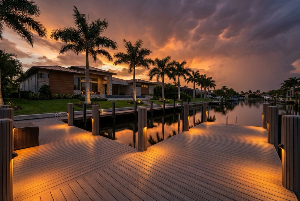 Composite dock with recessed deck lights and piling lights glowing warm at sunset, a modern waterfront home and palms behind and orange storm clouds overhead