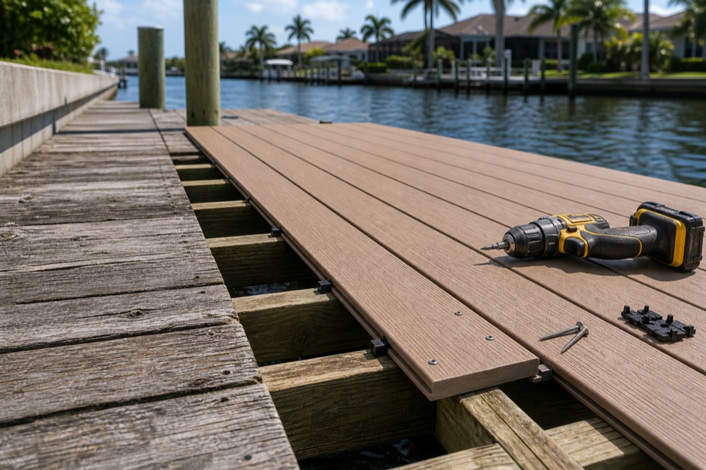New composite decking boards being laid over old weathered wood stringers on a canal dock, with a cordless drill, screws and hidden fastener clips on the finished section