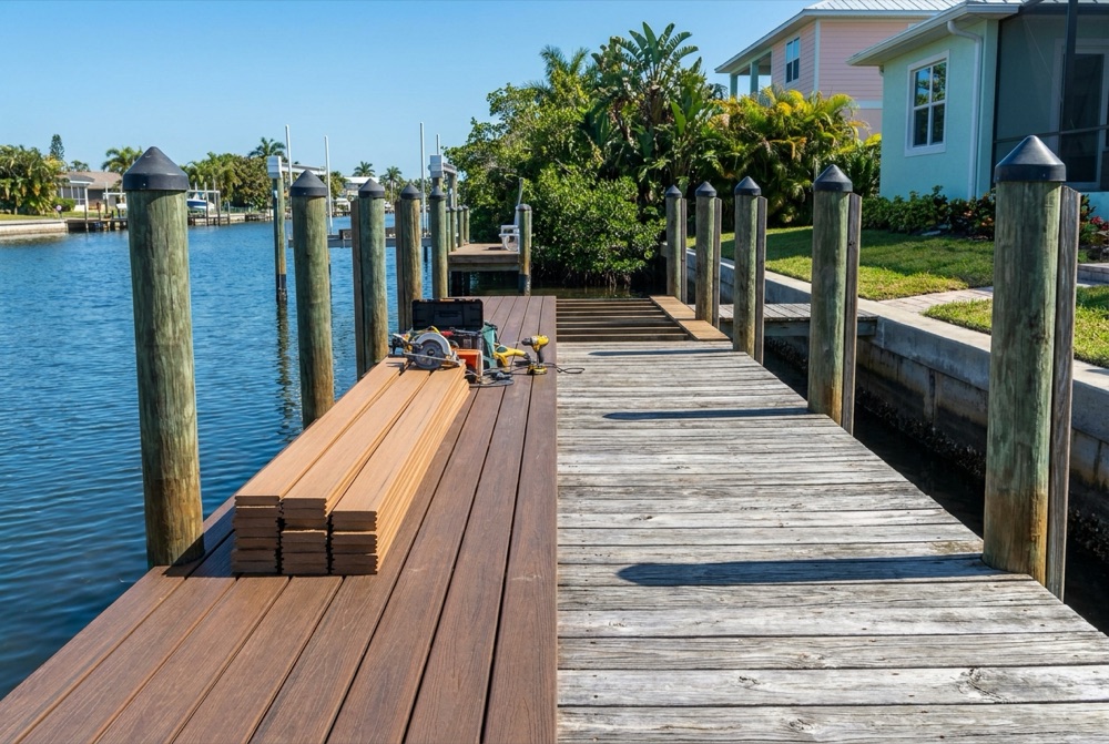 Dock half re-decked, new brown composite boards and a stack of cut planks with a circular saw and drills on one side, weathered gray timber decking on the other