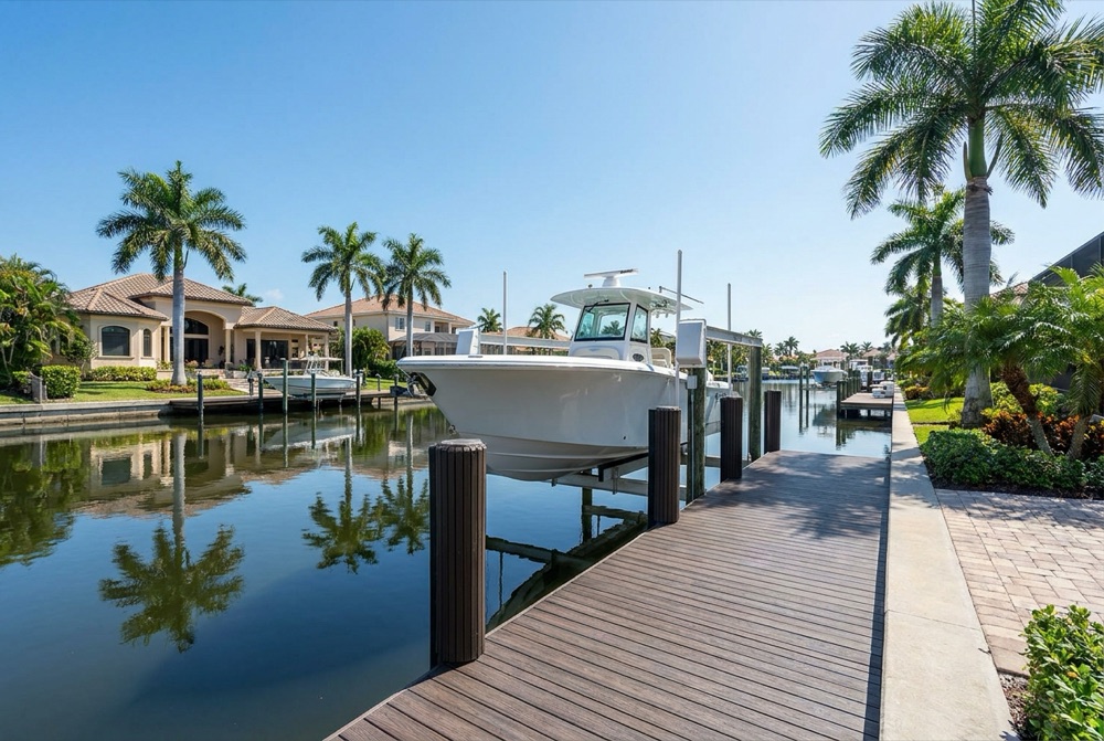 Large white center-console boat raised out of the water on a four-post boat lift beside a composite dock walkway, with palms and canal-front homes across glassy water
