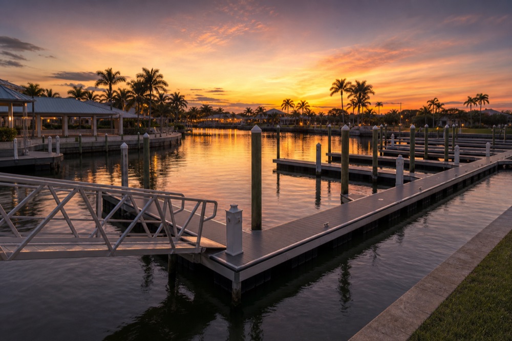 Floating dock sections and an aluminum gangway at a marina basin at sunset, with capped pilings, a waterside pavilion and palms along the shore