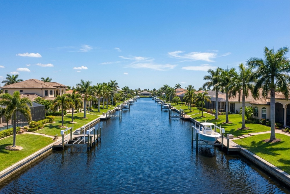 Aerial view straight down a wide residential Southwest Florida canal lined with palms, manicured lawns, tile-roof homes and private docks and boat lifts under a bright blue sky