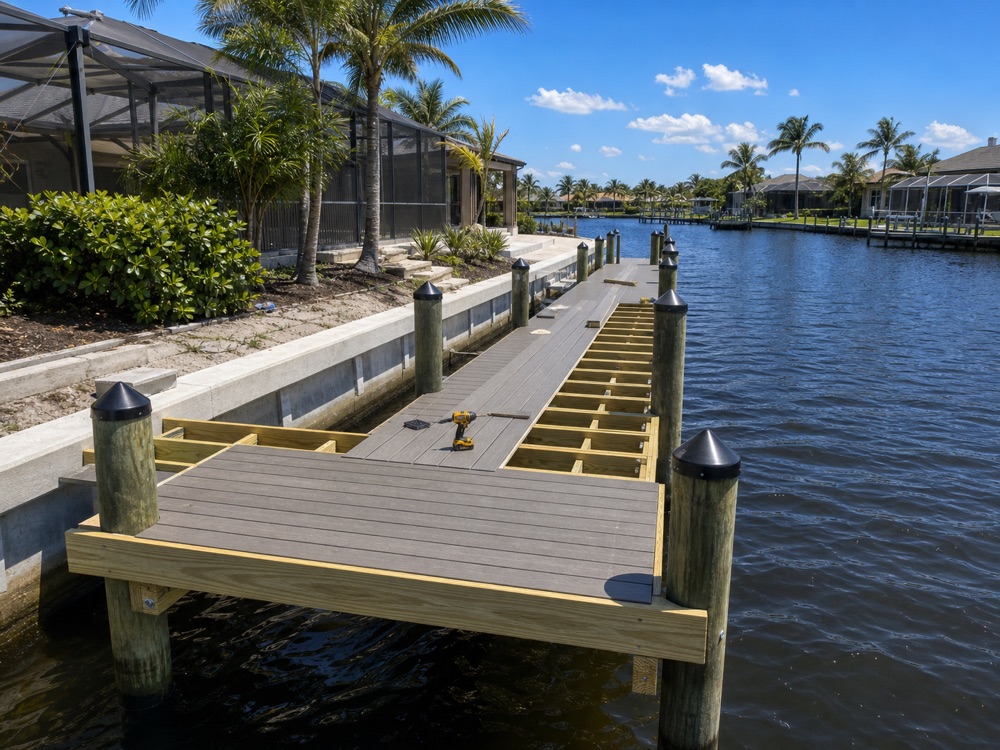 A dock mid-build on a Naples-area canal with half the composite decking laid and the remaining floor joists still open, a cordless drill resting on the finished section