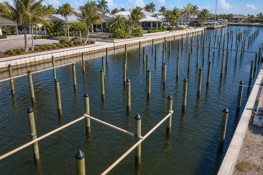 Rows of capped wood pilings standing in a marina basin beside a poured concrete seawall with palms and a clubhouse behind