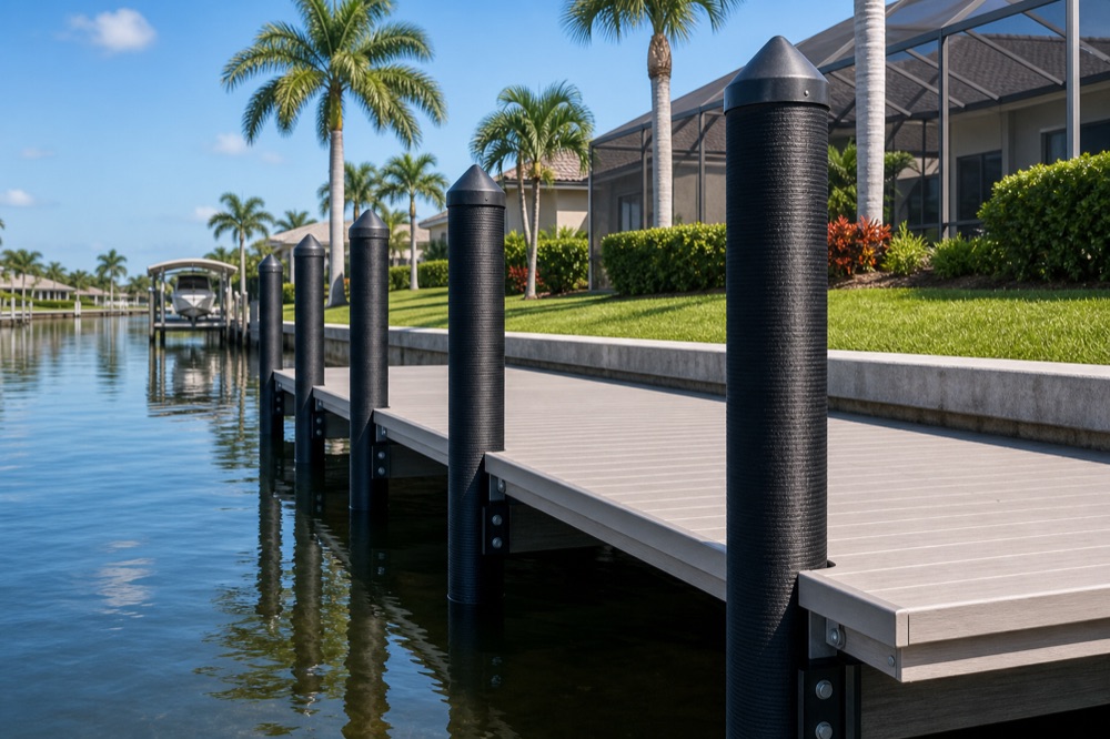 A row of black-wrapped pilings with conical caps running alongside a composite dock walkway, with a concrete seawall and manicured lawn behind