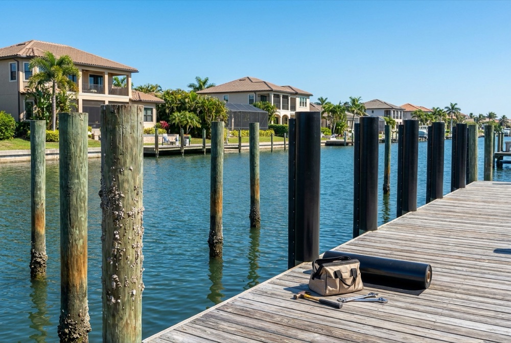 Row of dock pilings sheathed in new black wrap beside bare timber piles crusted with barnacles, a part-unrolled wrap roll, canvas tool bag and hand tools on gray decking
