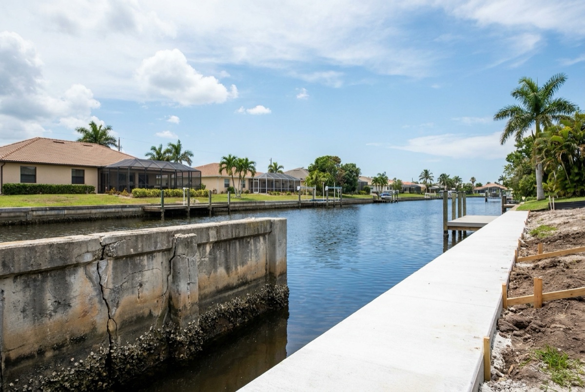 An old cracked and spalling concrete seawall in the foreground across from a freshly rebuilt seawall on a Southwest Florida canal
