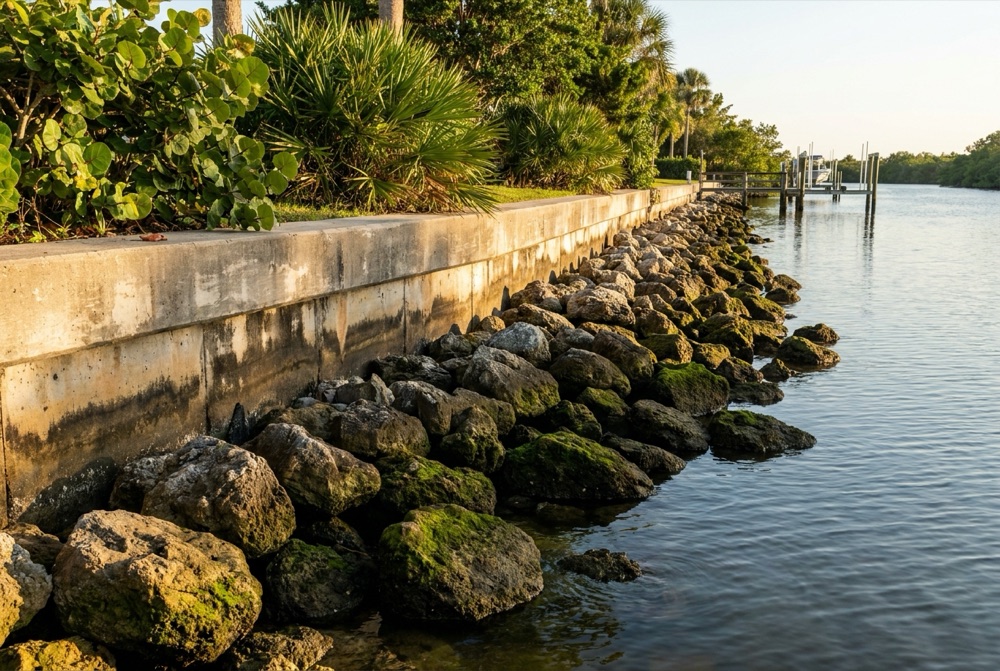 Weathered concrete seawall running into the distance with a line of algae-covered limestone boulders piled along its toe, sea grape and palms above, calm water beyond