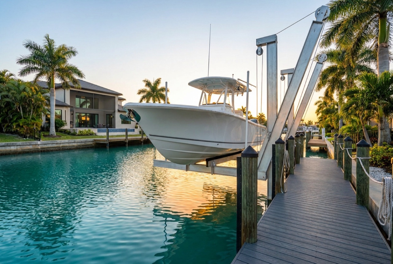 A 10,000 lb boat lift holding a white center-console boat above a Cape Coral, FL saltwater canal at golden hour