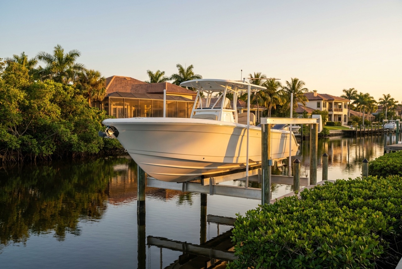 Boat Lifts on Port Royal's estate-grade canals off Naples Bay by Florida Lifts & Docks