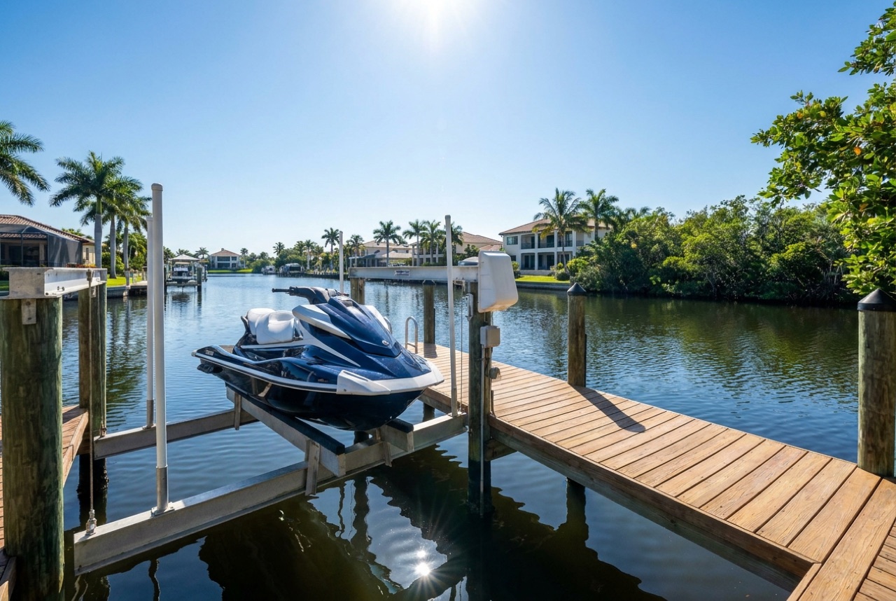 Jet Ski Lifts on Marco Island's deep gulf-access canals and open-water lots by Florida Lifts & Docks
